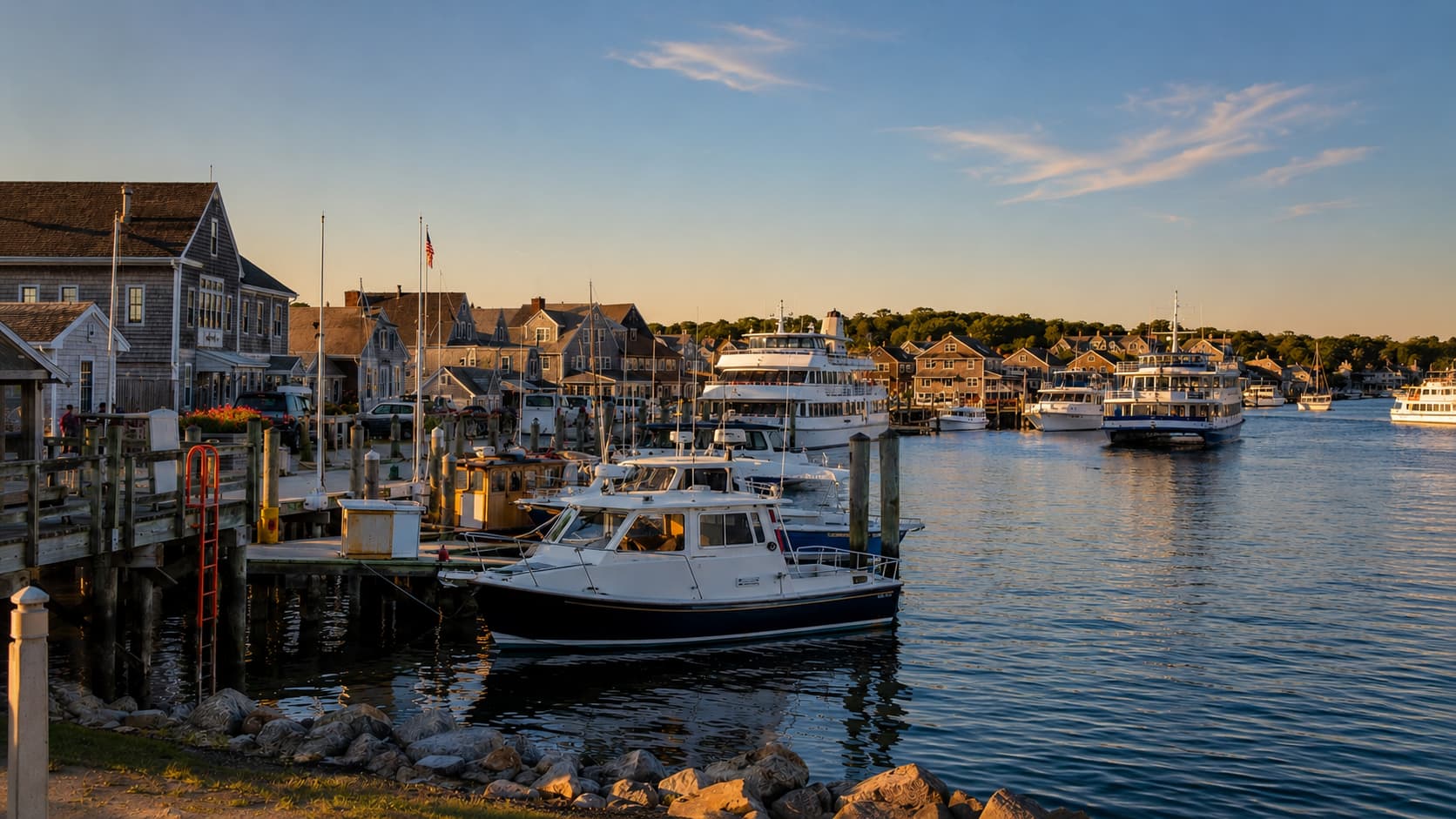 Realistic sunset view of Hyannis Harbor with ferries, docks, and waterfront buildings in Hyannis Massachusetts