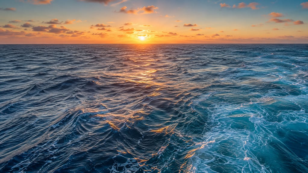 Powerful Atlantic Ocean current moving through open blue water during sunrise