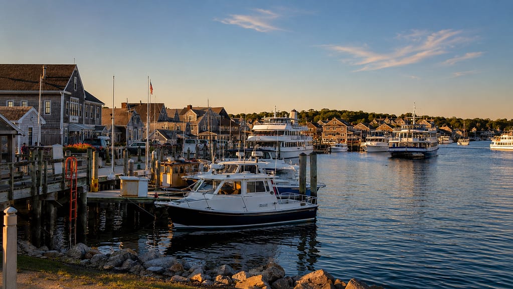 Realistic sunset view of Hyannis Harbor with ferries, docks, and waterfront buildings in Hyannis Massachusetts