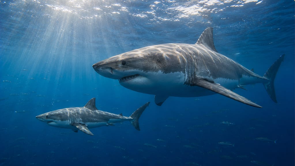Great white shark swimming through deep Atlantic Ocean water