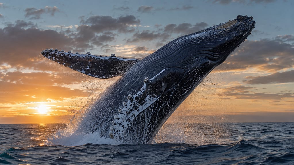 Humpback whale breaching from the Atlantic Ocean during golden sunrise light