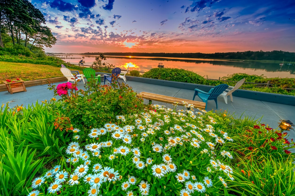 Downtown Orleans harbor and marsh landscape during summer on Cape Cod