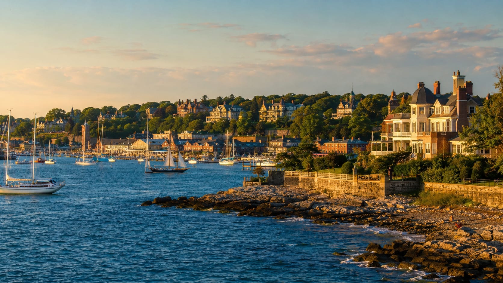Historic Newport Rhode Island coastline featuring harbor views, sailing yachts, and Gilded Age architecture.