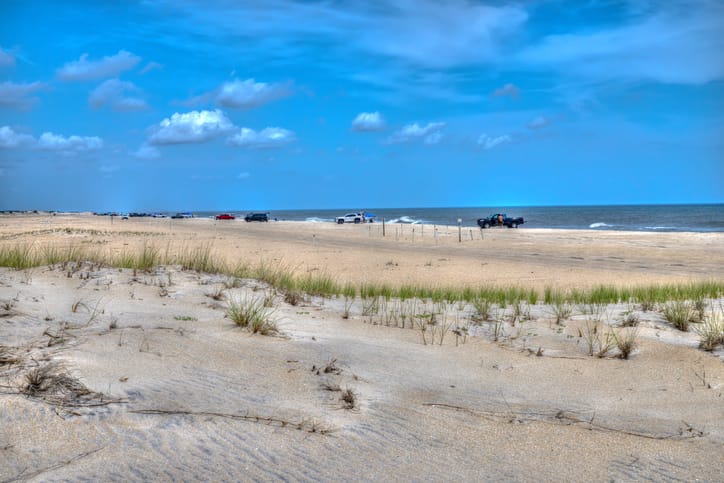 Vehicles parked on the Drive-on section of Assateague National Seashore